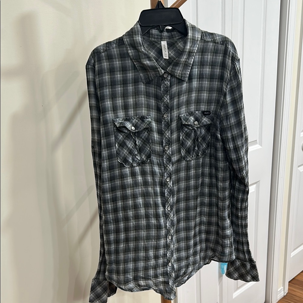 RVCA Black and Gray Casual Button Down Shirt Buffalo Check